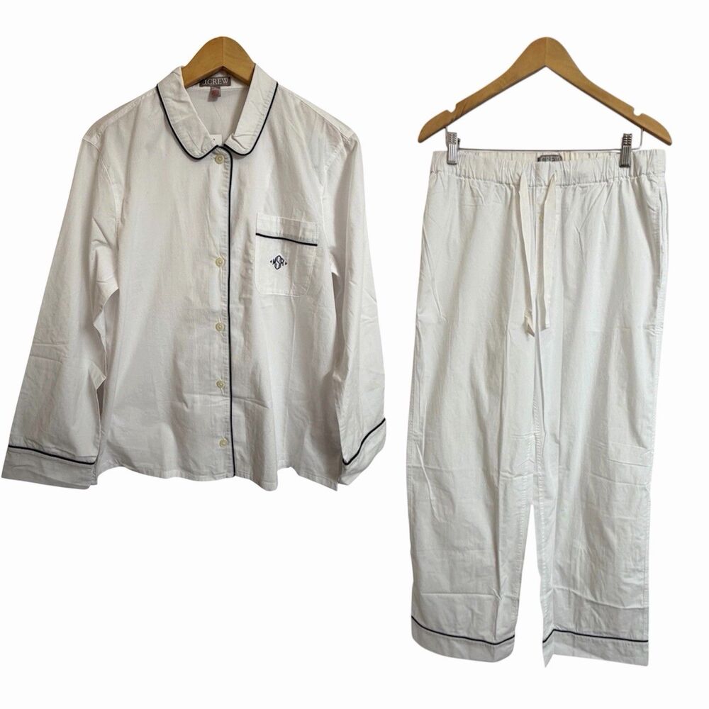 J Crew Women's M End On End Cotton Long Sleeve Pajama Set White (Monogrammed)